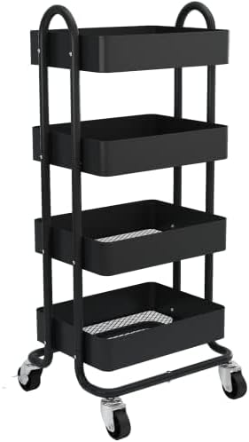 4-Tier Metal Rolling Cart with Wheels,4 Tier Utility Cart with Wheels for Office,Home,Kitchen,Garden๏ผ13.4"x18.1"x40"๏ผ Black