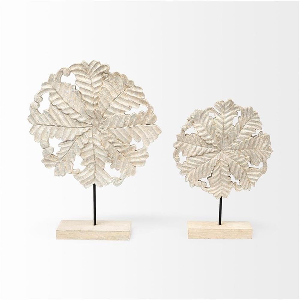 Pemberly Row Coastal Decorative Object, Light Brown Wood with Silver Accents, Matte Black Pedestal Base, Botanical-Inspired Design, 16"Lx4"Wx22.2"H, Elegant Accent for Home Decor Mantel or Side Table