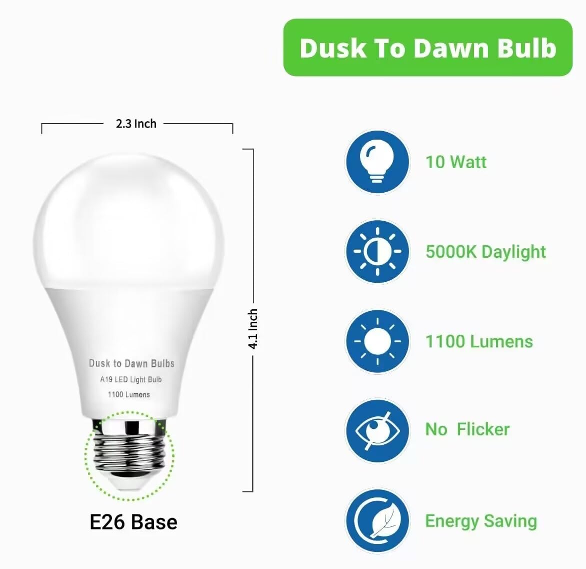 4-Pack Dusk to Dawn LED Light Bulbs, 75W Equivalent, Daylight 5000K 1,100LM, Automatic On/Off Outdoor Light, E26 A19 10W Bright Porch Light Bulbs, for Indoor/Outdoor Yard Patio Garage Garden