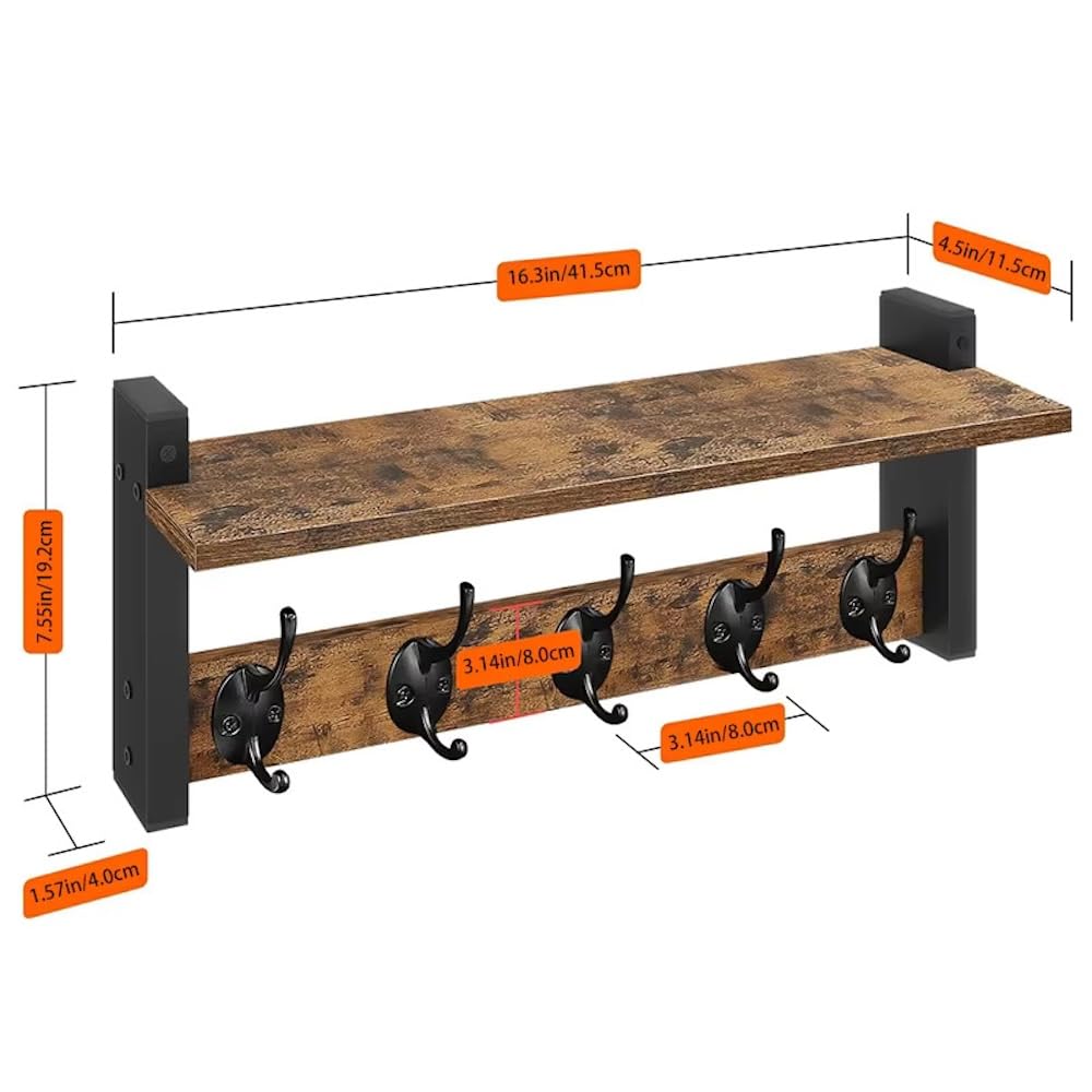 Morphesa Wall Mounted Coat Rack with Shelf, Wooden Entryway Shelf with 5 Metal Hooks, Rustic Wall Coat Rack for Jackets, Hats, Bags & Keys