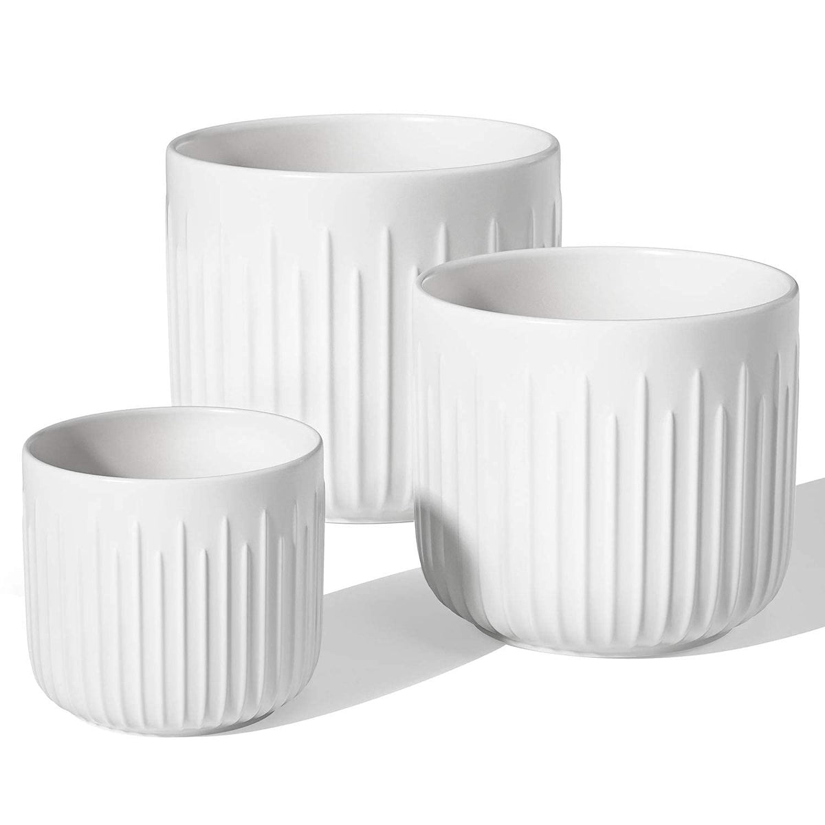 LE TAUCI Ceramic Planters, 8.3/7/6 Inch Indoor Pots for Plants with Drainage Holes & Mesh, Modern Matte Glaze Cylinder Fluted Plant Pot for Snake Plant, Set of 3, White