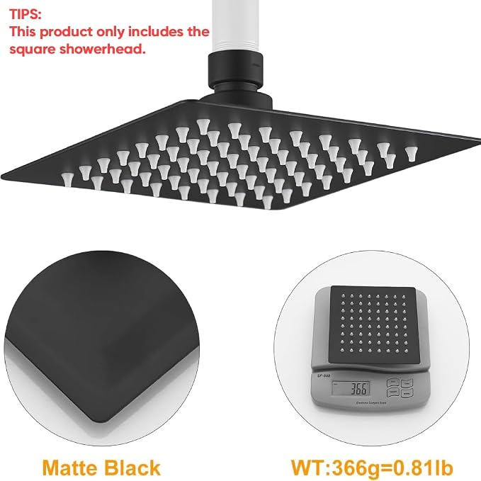 BESy 6 Inch Rain Shower Head, 6" Square Rainfall & High Pressure Stainless Steel Bath Showerhead, 1/16" Ultra Thin, Waterfall Full Body Coverage with Silicone Nozzle, Matte Black Finish