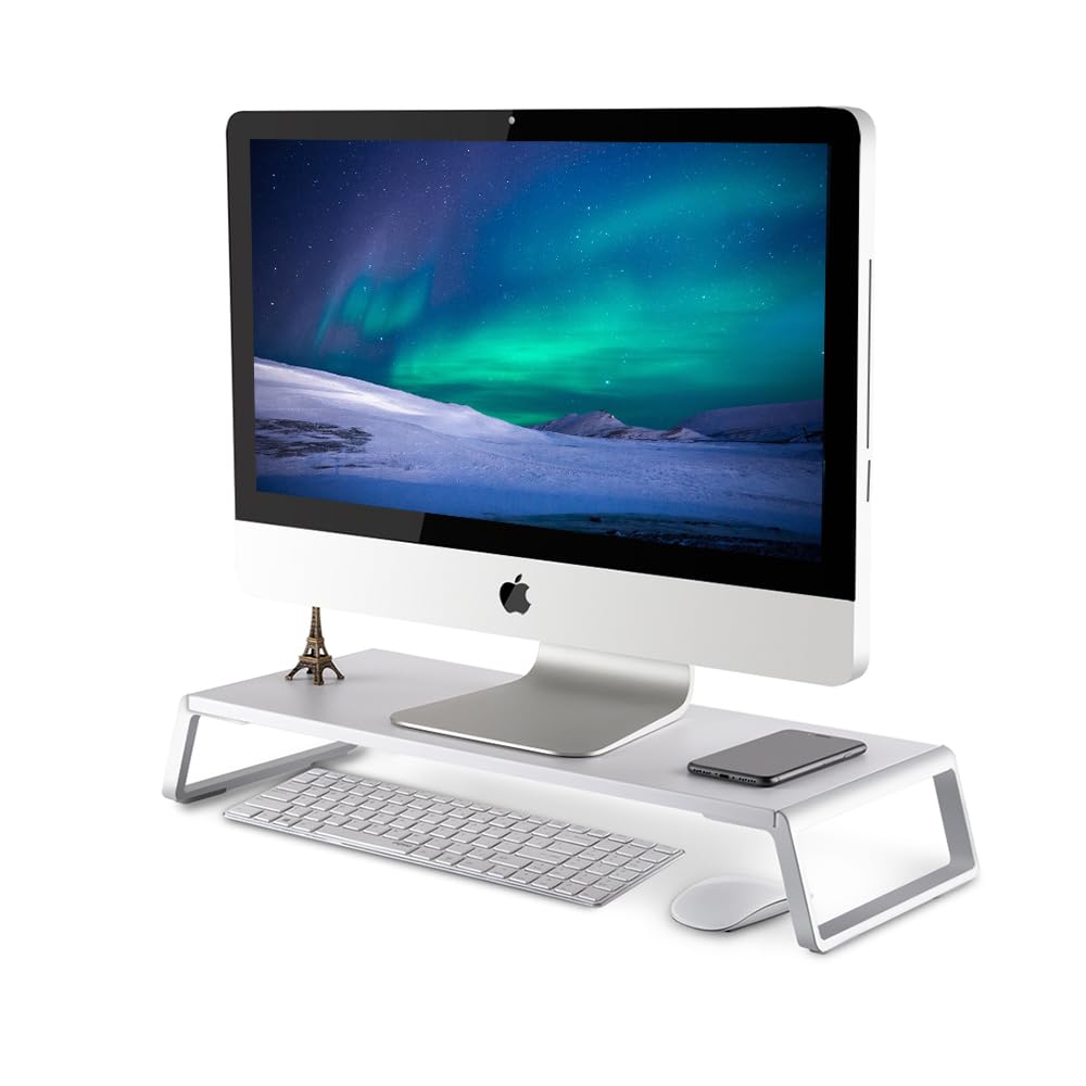 SOYMIX Wooden Steel Monitor Stand Riser With Storage Space Supports 22lb For Laptop Computer And 27 Inch iMac With Aluminum Legs (White)