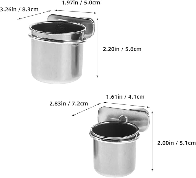 Abaodam Stainless Steel Bird Feeding Bowls with Clamp, 4.4cm and 5.5cm Cage Hanging Coop Cups for Parrot Food and Water, Compatible with Cockatiel Budgie Macaw Parakeet Cage Accessories