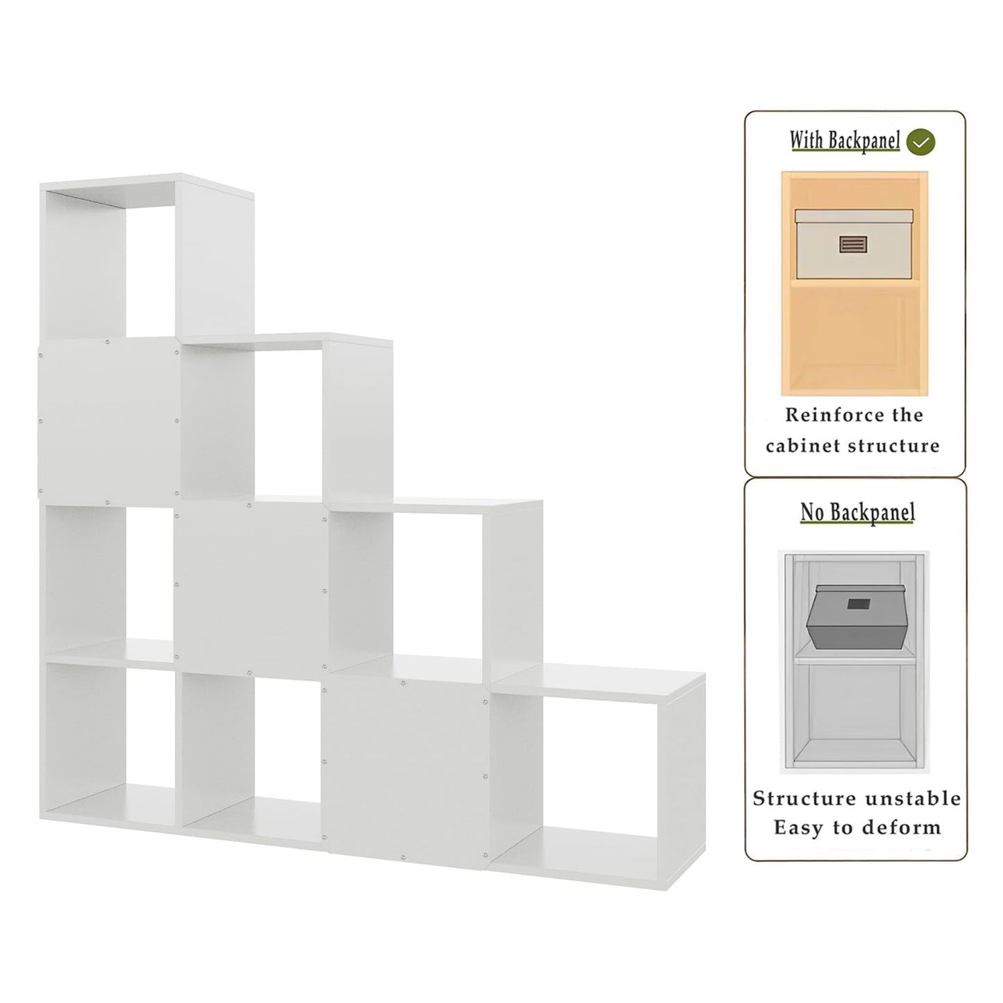OSCHF Ladder Cube Storage Bookcase - Wooden L-Shaped 4-Tier Corner Shelf, Reversible 10-Cube Organizer for Home & Office, White