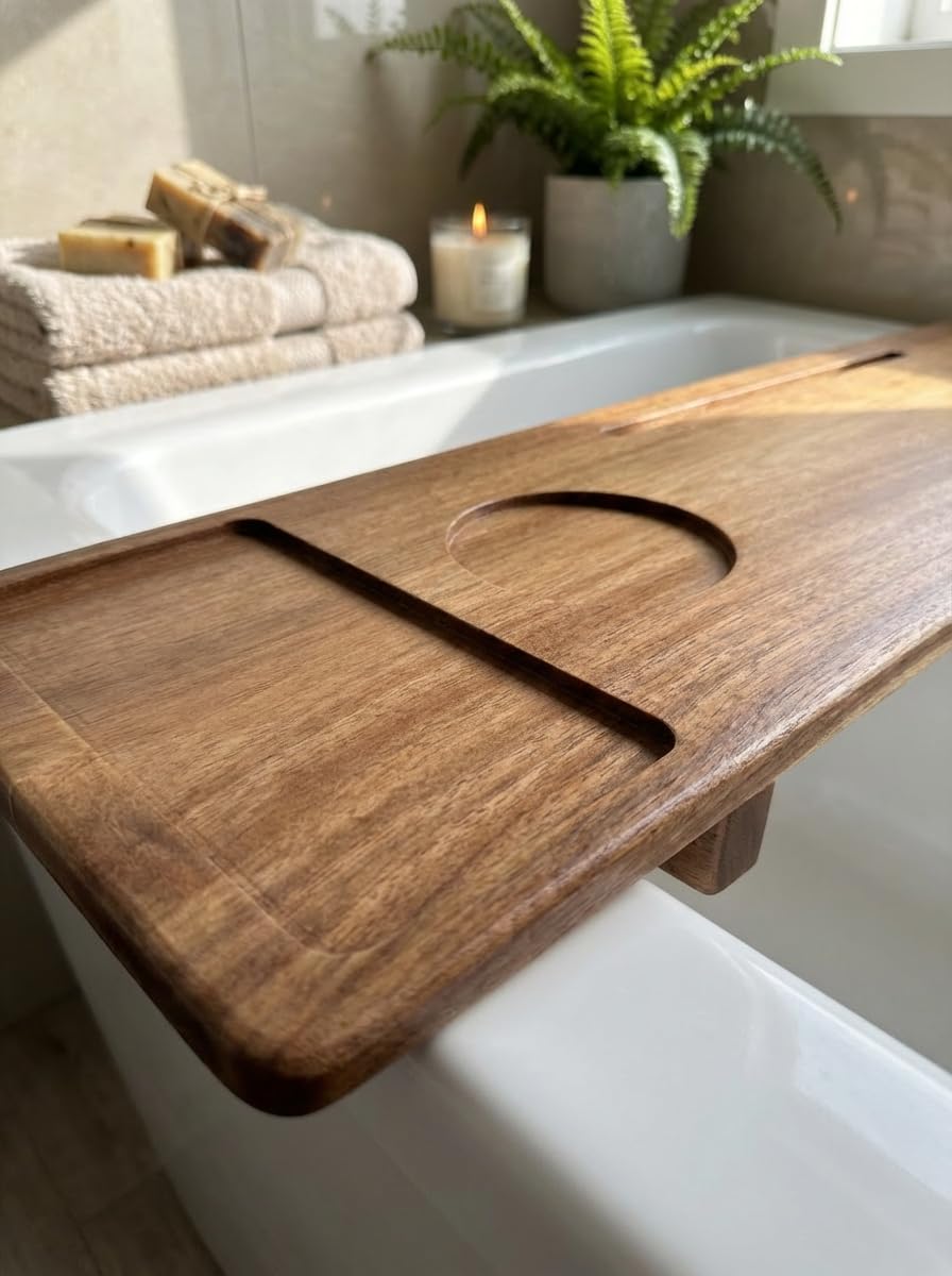 Luxury Wooden Bathub Caddy Tray - Premium Natural Acacia Bath Organizer with Wine Glass Holder, Tablet Slot and Phone Mount - Expandable Spa Board to Fit Most Tubs
