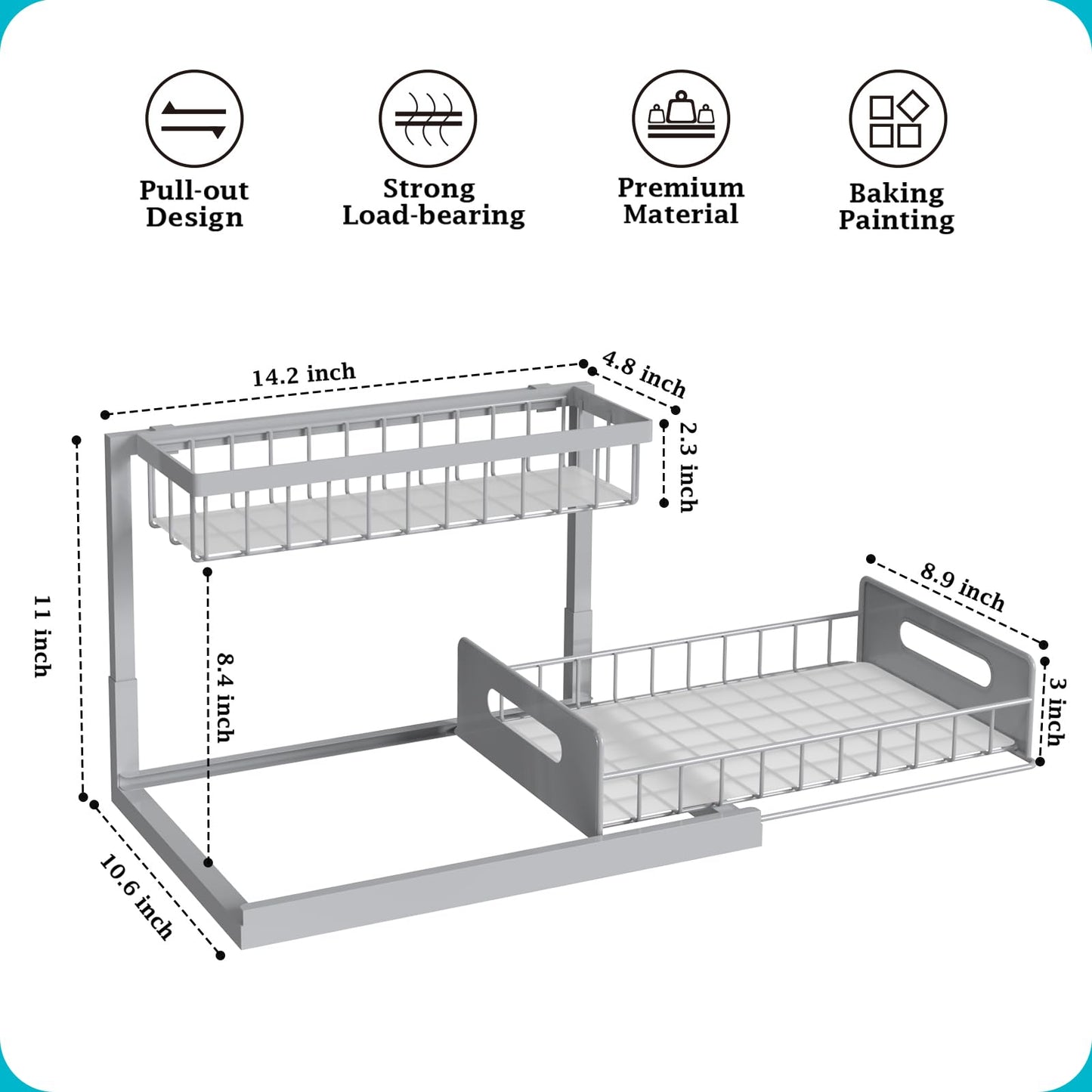 REALINN Under Sink Organizer, Pull Out Cabinet Organizer 2 Tier Slide Out Sink Shelf Cabinet Storage Shelves, Storage for Kitchen Bathroom, Grey, 1 Pack