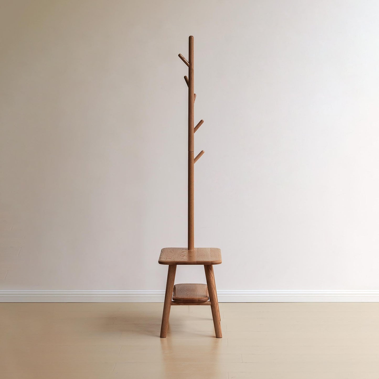 GDFStudio Solid Wood Entryway Shoe Bench with Coat Rack, Mid Century Modern Hall Tree with Cushion Seat, Shoe Storage Shelf and Cloth Hanger for Hallway, Natural