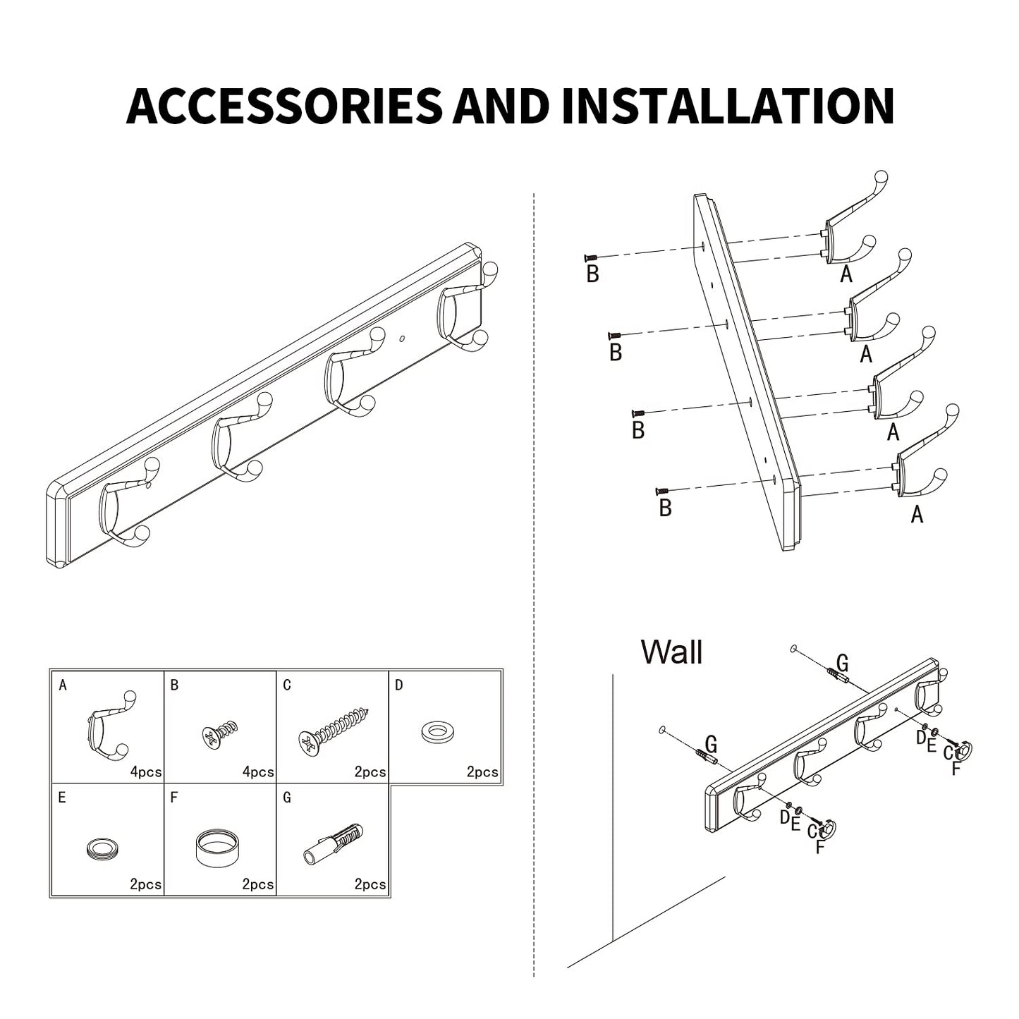 Badiano Wooden Coat Rack, Wall-Mounted Organizer for Closet, Entryway, Hallway, Foyer, Bedroom, Heavy Duty Double Hooks for Hanging Towels, Bags, Hats, Jackets, Key (White, 4 Hooks)