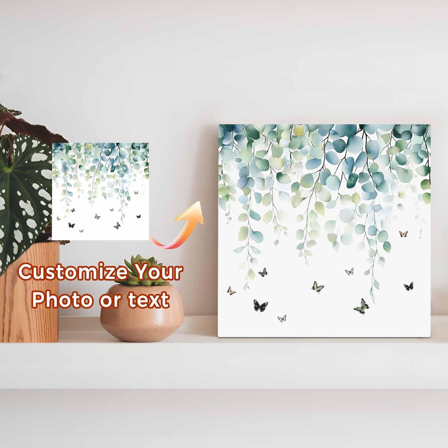 Wood Box Sign Desk Decor Sage Green Eucalyptus Leaves Butterfly Square Boxes Sign, Botanical Wooden Block Box Sign Decoration for Home Wall Tabletop Shelf Office Decor,6x6IN