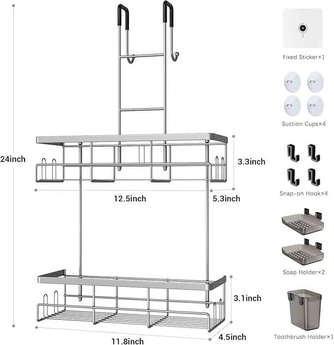 Hanging Shower Caddy Over Door: Silver Rustproof Shower Organizer over the Door