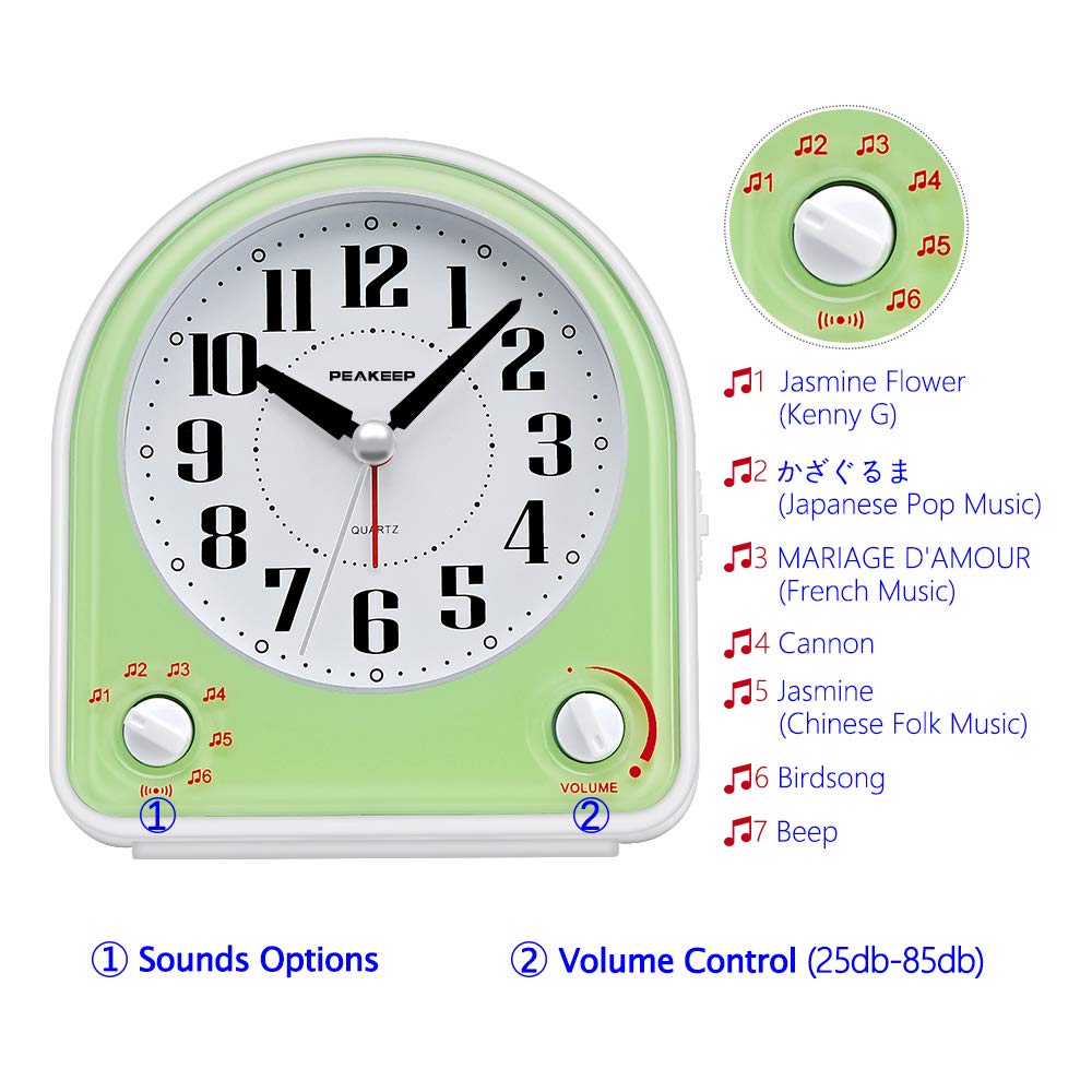Peakeep Analog Alarm Clock Non-Ticking Silent, Optional 7 Wake-up Sounds with Volume Control, Nightlight and Snooze, AA Battery Operated (Green)