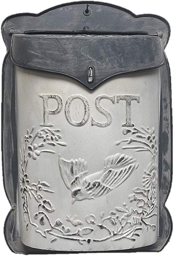 Vintage Farmhouse Decorative Post Box – Rustic Wall Mounted Mailbox Decor for Home, Porch & Garden, Hanging Floral Display Holder, Country Style Metal Wall Accent (White Bird Design)