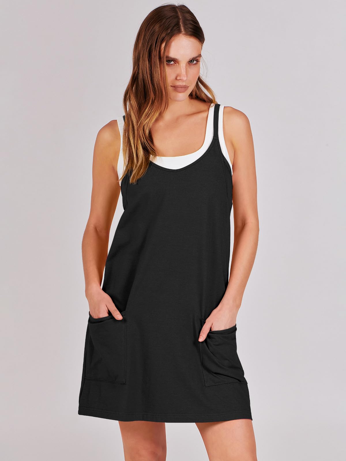 ANRABESS Women Athletic Dress Summer Tennis Workout Active Sports Mini Romper Dress Built in Shorts Travel Vacation Clothes Black X-Large