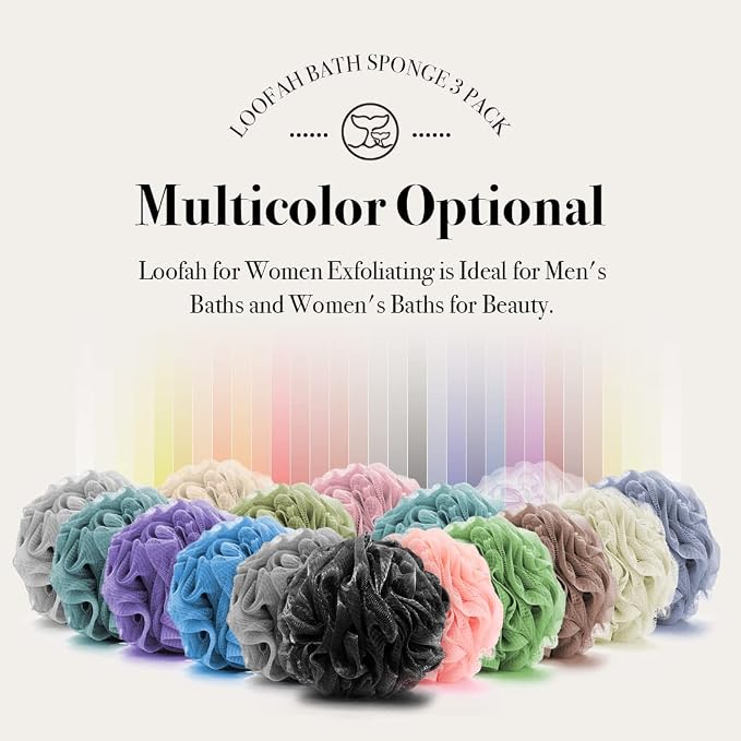 WhaleLife Loofah Bath Sponges - Gentle Exfoliating Shower Loofah for Rich Lather, Durable Matte Mesh Body Scrubber for Men & Women 4 Pack