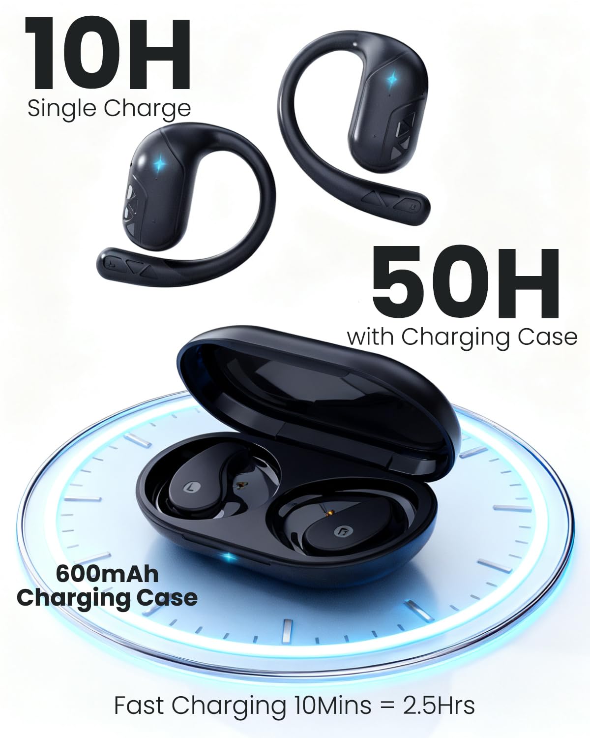 munash Open Ear Headphones, Bluetooth Headphones V5.4 Wireless Sport Earbuds with Charging Case, IP54 Waterproof 50H Playtime Lightweight Design Fit for Cycling, Running, Walking, Workout