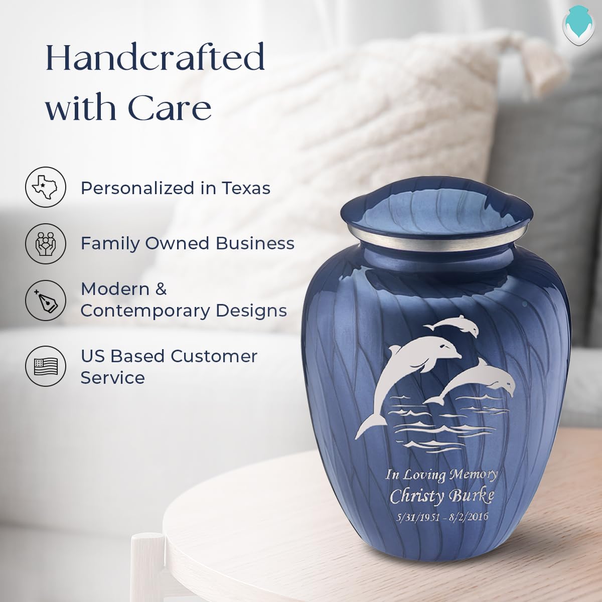 Geturns - Adult Personalized Dolphin Cremation Urns for Human Ashes I Large Pearl Cobalt Blue Funeral Urn for Men and Women I 200 lbs