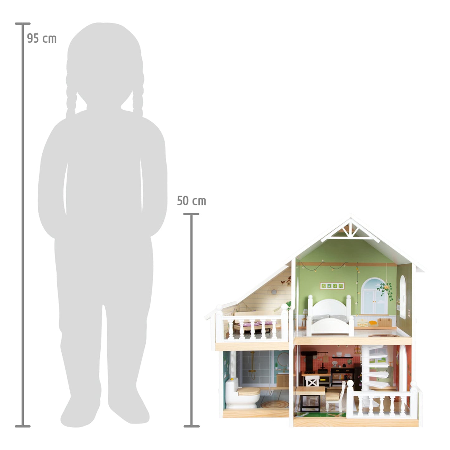 Small Foot Wooden Dollhouse with Roof Terrace & Furniture – Modern Open Front Doll House with Bedroom, Bathroom & Kitchen – Kids Role Play Toy for Ages 3+