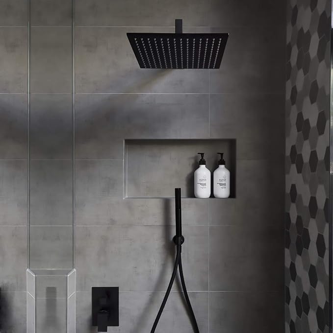 Voolan Rain Shower Head - High Flow Large Rainfall Shower Heads Made of Stainless Steel - Waterfall Bathroom Square Showerhead - Ceiling or Wall Mount (12" Black)