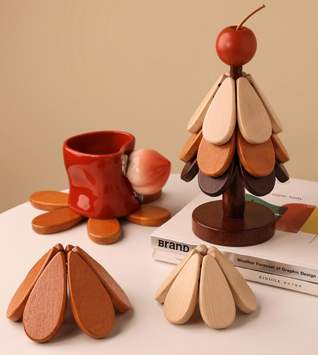 4 Sets in Wooden Apple Tree Trivets for Hot Dishes, Christmas Apple Tree Shape Table Decorations with 4 Piece of Hot Pot Pans, Walnut Wooden Coasters for Hot Soup Coffee Bowls Teapots,Table Decor