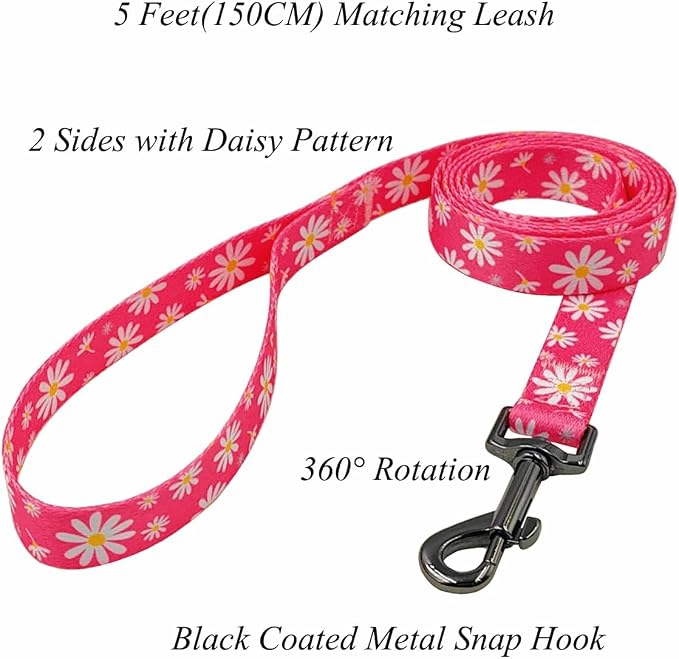 Dog Collar Leash Set, Floral Pattern, Polyester Material, Adjustable Collar and 5ft Matching Leash, for Large Dogs.(L, Pink Daisy)