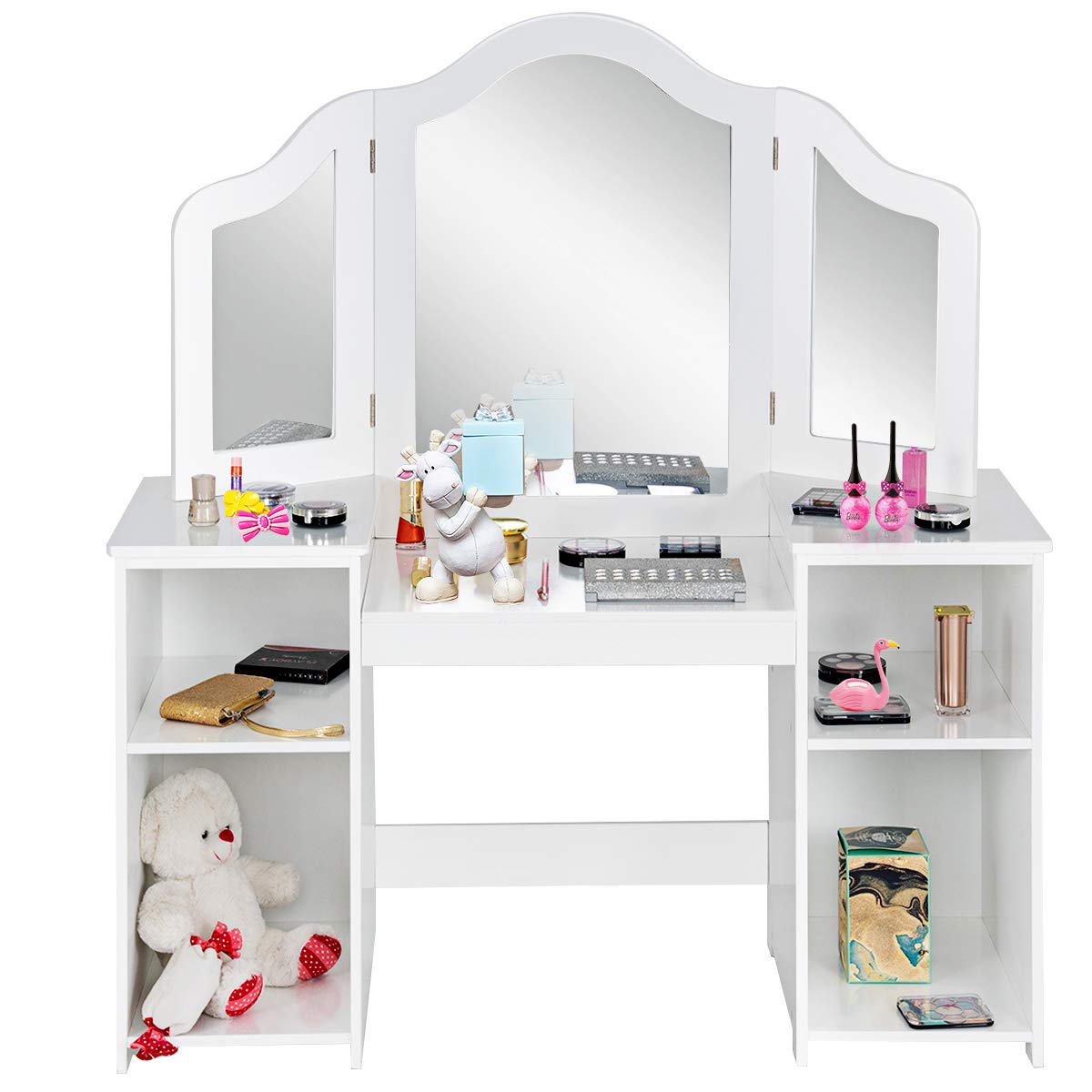 HONEY JOY Kids Vanity, Little Girls Vanity Set with Tri-Folding Mirror, Wooden Princess Makeup Dressing Table, Toddler Vanity, Pretend Play Kids Vanity Table and Chair Set (White)