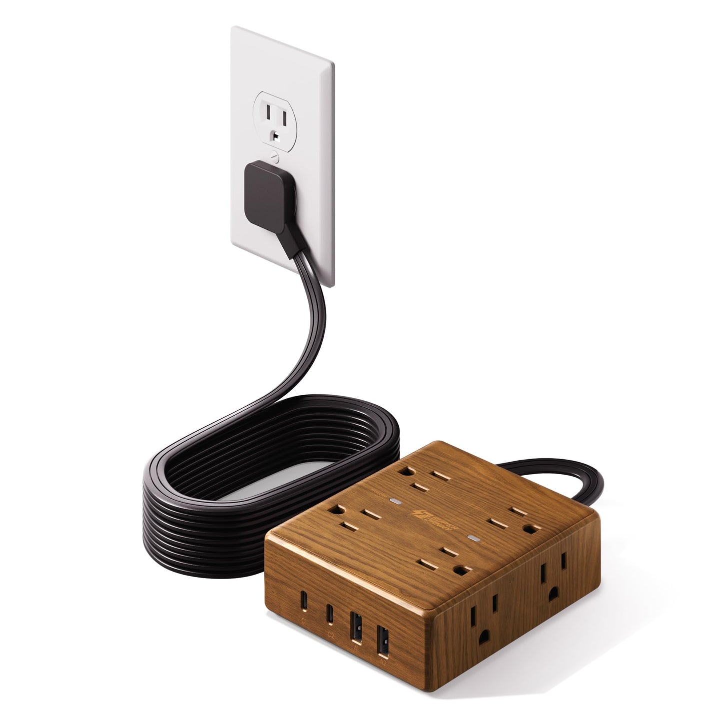 Brown Extension Cord 10Ft, Flat Plug Power Strip Surge Protector, 8 Outlets & 4 USB Ports (2 USB C), Desktop Charging Station Hidden Behind Furniture, Decorative Office Desk Accessories (Walnut Wood)