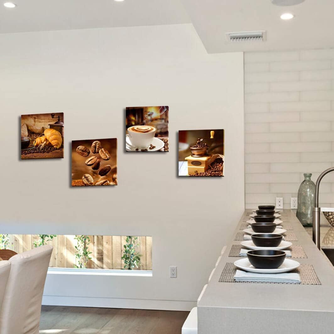 Coffee Theme Canvas Wall Art, Kitchen Decor Pictures, 4 Panel Set, Brown,Canvas wall art prints - charming images of coffee cups, croissants, coffee beans and grinders