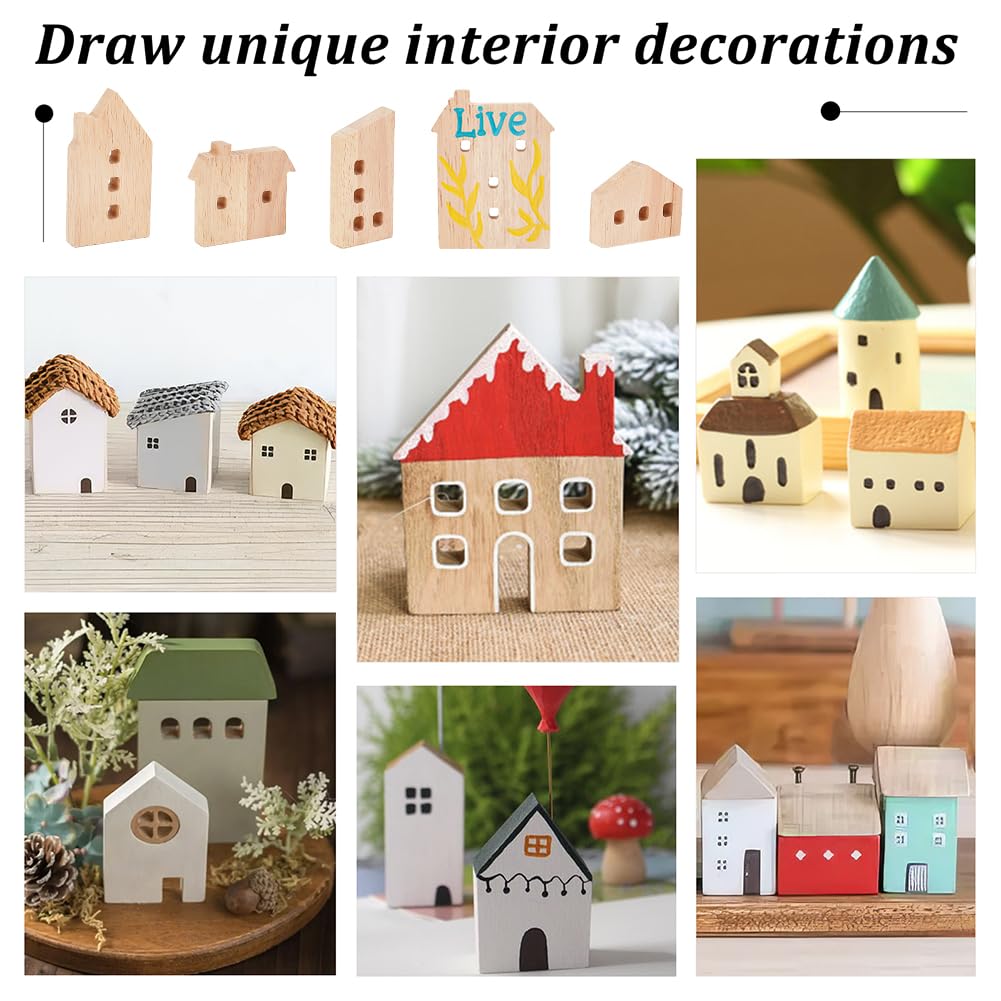 OLYCRAFT 15Pcs Unfinished Wooden House Shaped Blocks House Blank Wood Cutouts Wood Blocks with Hole Wooden Display Decoration Pieces for Home Kitchen Office Shelf Coffee Bar Decor -15 Styles