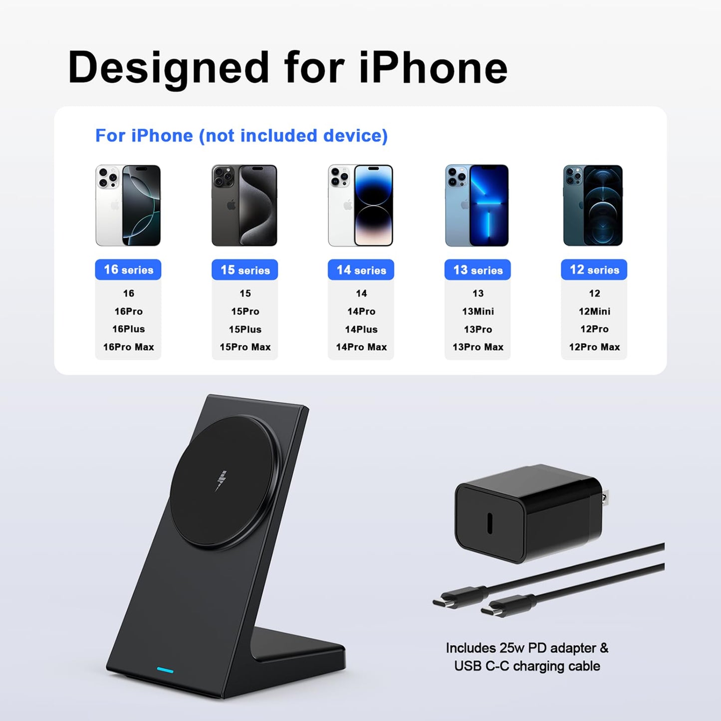PUY for MagSafe Charger Stand,20W Fast Magnetic Wireless Charging Station with 25W PD Adapter,Stickable Desk Wireless Charger for iPhone 17/16/15/14/13/12 Pro/Pro Max Series