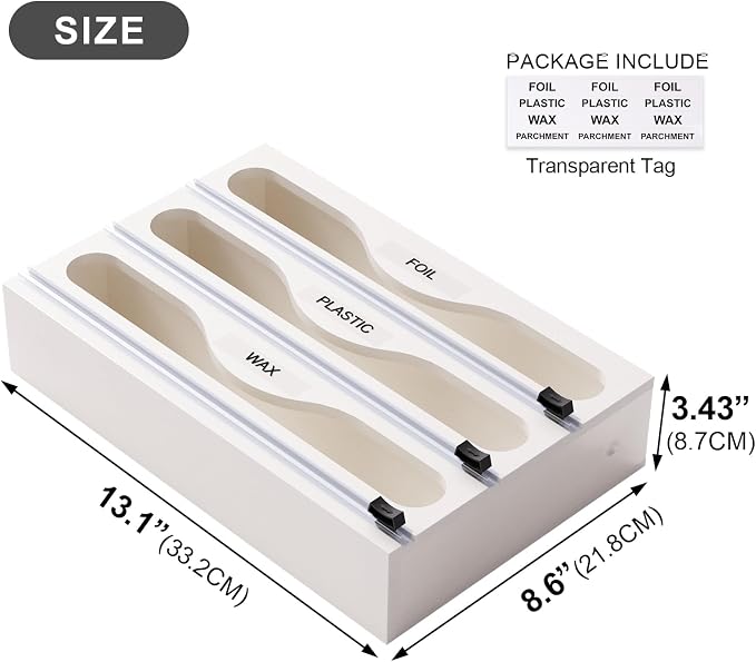 Wrap Dispenser with Cutter and Labels, Plastic Wrap Organizer For Kitchen,Bamboo 3-in-1 Wrap Dispensers for Cling Wrap Aluminum Foil and Wax,Storage Organization Holder(White)