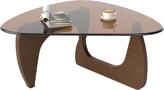 Modern Glass Coffee Table, Triangle Center Table with Tempered Glass Top& Unique Wooden Base, 31.5” Mid Century Tea Tables for Living Room, Apartment, Office,Walnut & Brown