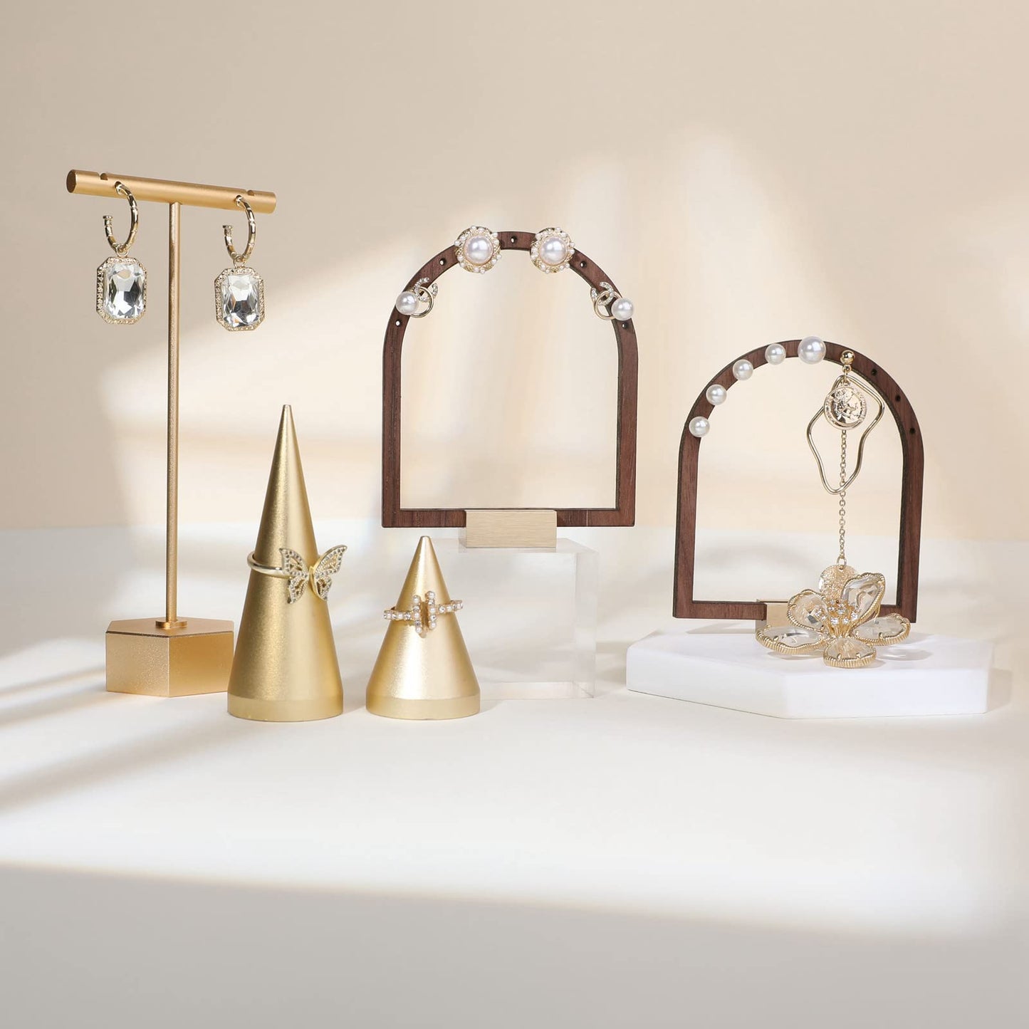 GemeShou 3pcs Wooden stud earring organizer holder, walnut earring hangers with brass base, Small Cute earring display for selling with 9 holes for each【Arch frame-3pcs】