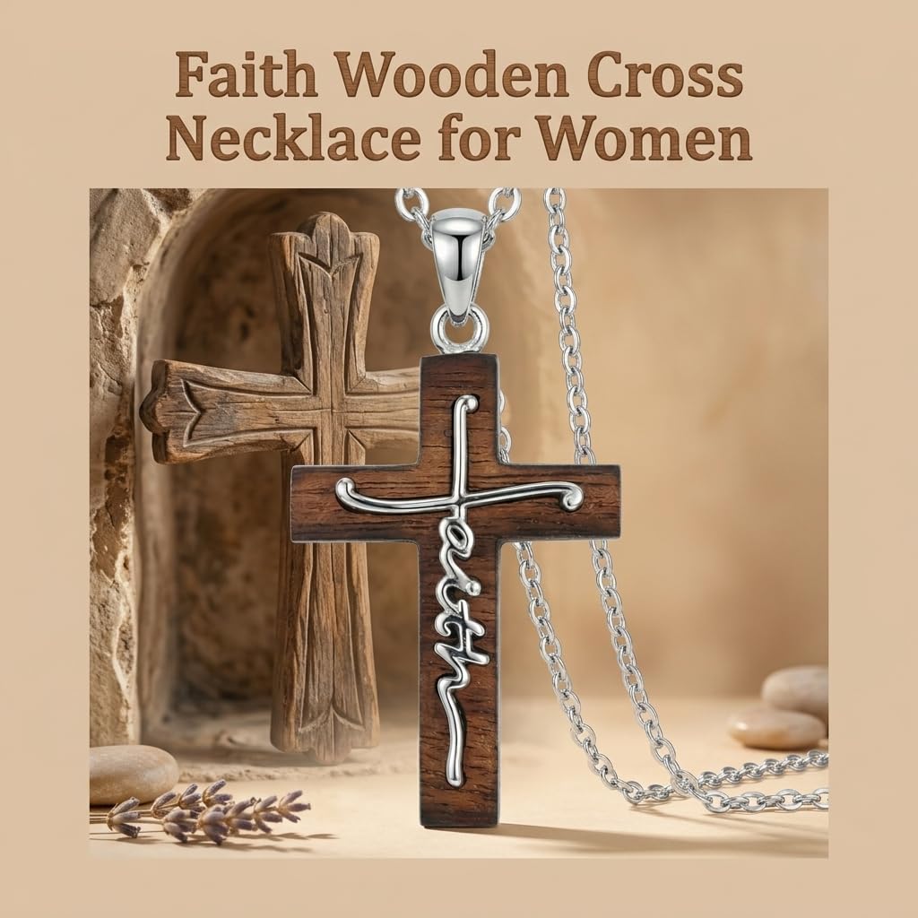 VNRIOW 925 Sterling Silver Faith Wooden Cross Necklace, Christian Religious Jewelry Gift for Women Men, 18 to 20 Inches Chain