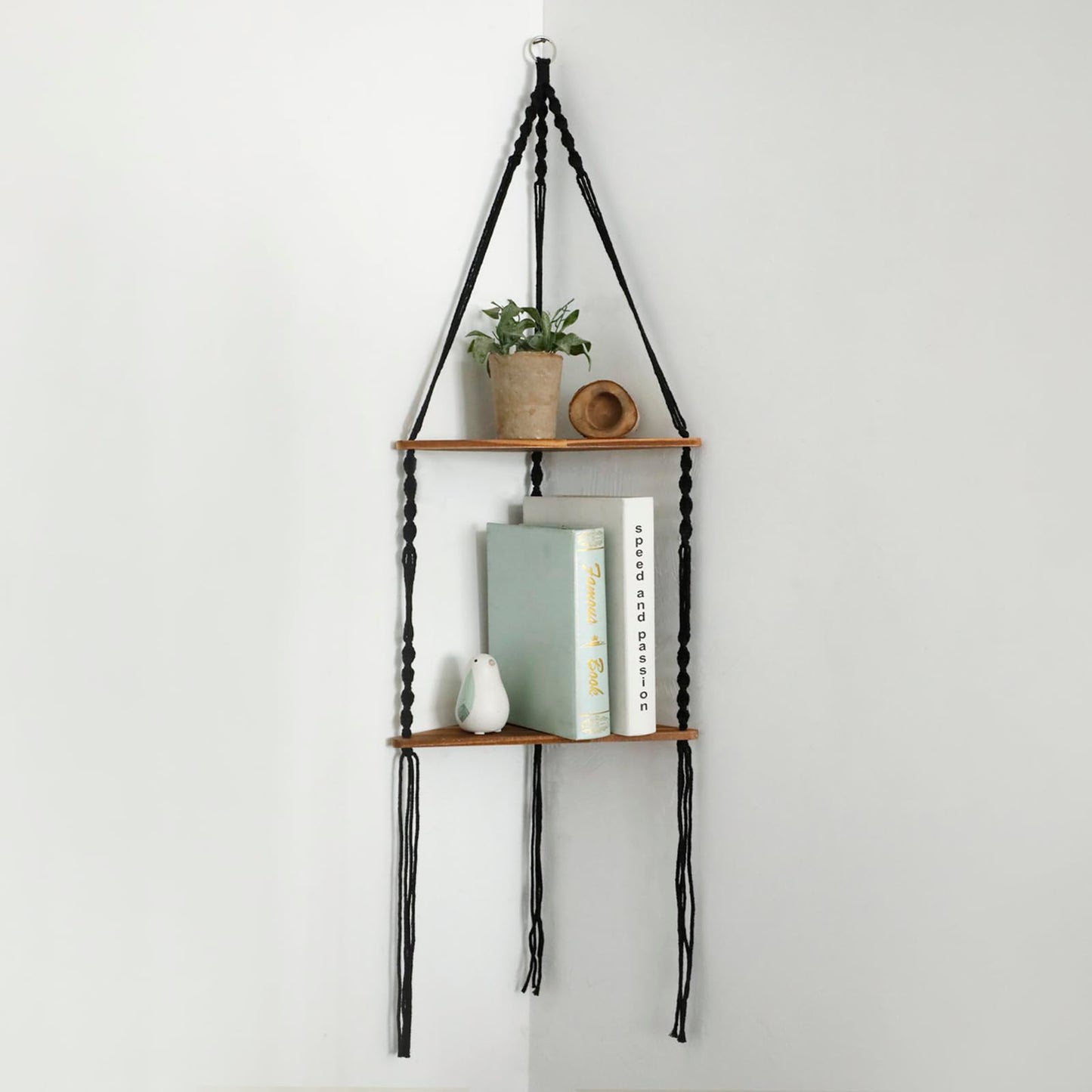 Artilady Macrame Corner Shelf Wall Hanging - 2 Tier Black Corner Floating Shelves Boho Wall Decor, Rustic Wooden Plant Shelf Storage Rack for Bedroom Living Room Bathroom