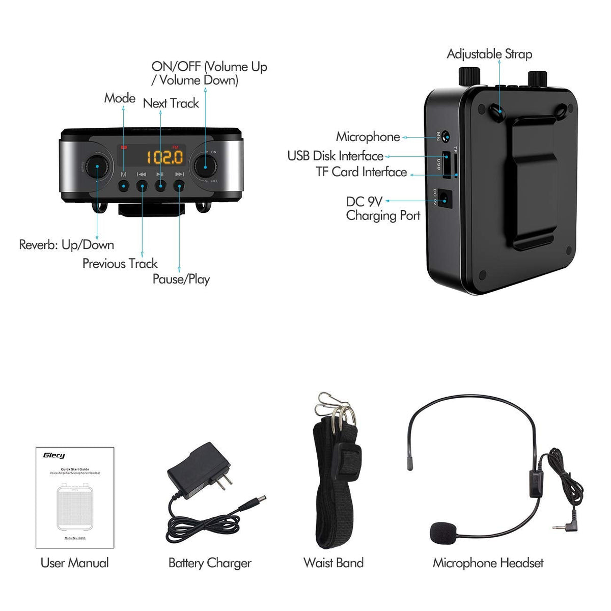 Giecy Portable Voice Amplifier, 30W 2800mAh Bluetooth Rechargeable Personal Voice Amplifier with Microphone Headset, Pa Systems Speaker for Multiple Locations Classroom, Meetings and Outdoors