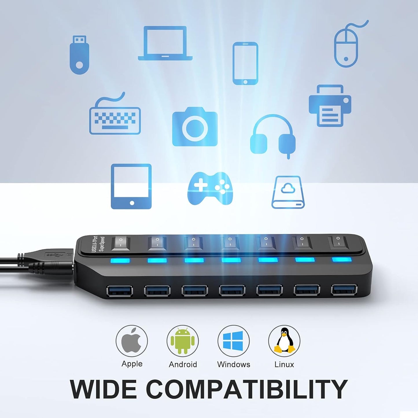 USB Hub 3.0, 7 Port USB Hub Splitter with Individual On/Off LED Switches, 5Gbps HighSpeed Data USB Extension for Laptop, iMac, USB Flash Drives, Mobile HDD, Printer, Camera and More