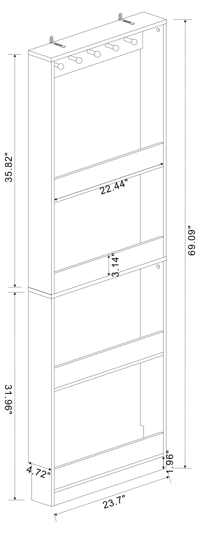 Locsear Behind the Door Bookshelf - Ultra Slim Hidden Storage Cabinet for Kids Room | 4-Tier White Wooden Bookcase with Hooks