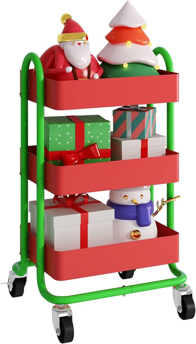 Metal Rolling Cart,3-Tier Metal Rolling Cart with Wheels,3 Tier Utility Cart with Wheels for Office,Home,Kitchen,Garden๏ผ13.4"x18.1"x31"๏ผ Red+Green