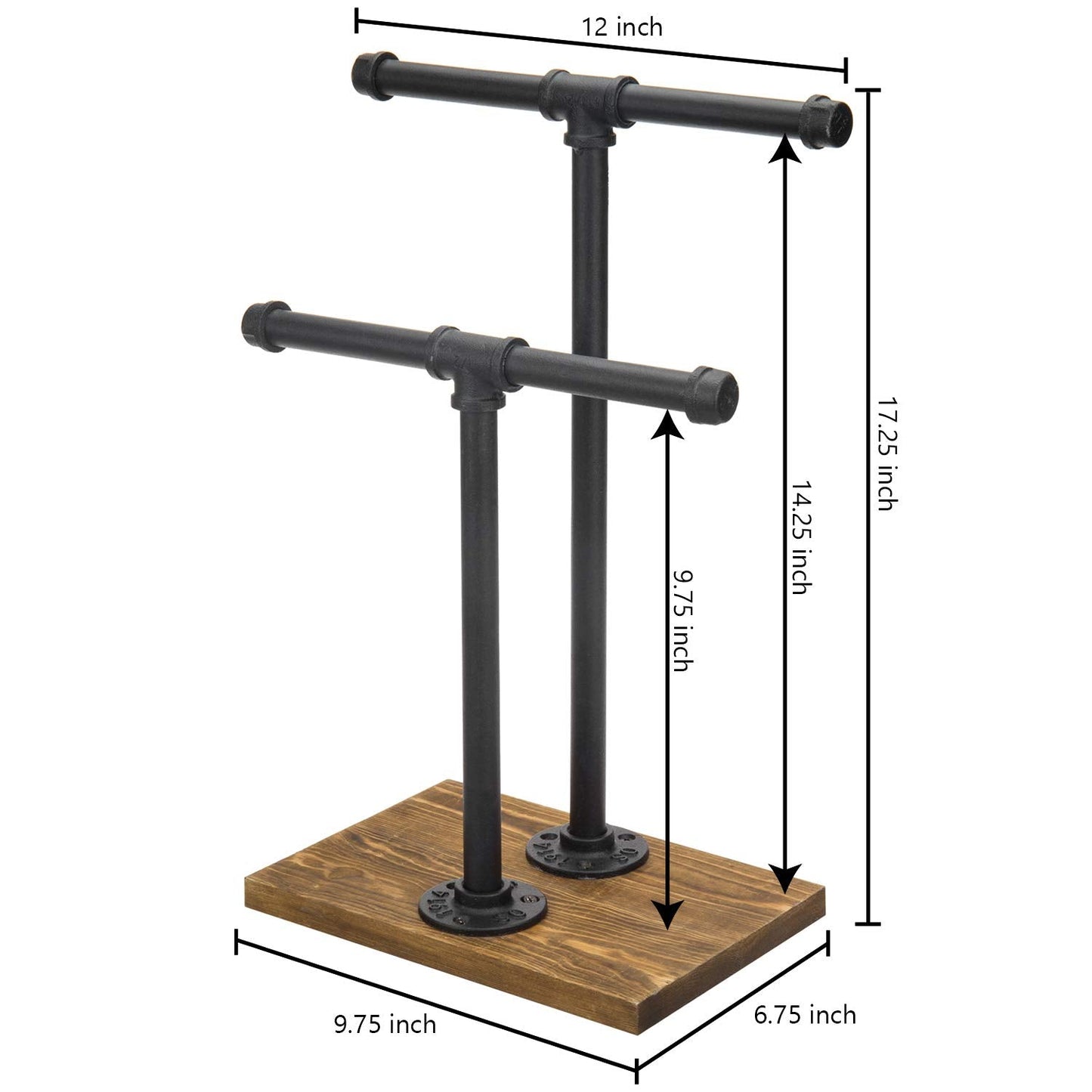 MyGift Adjustable 2-Tier Industrial Jewelry Display Stand - Rustic Metal Pipe & Brown Wood Base for Necklaces, Bracelets, Watches - Home & Boutique Decor (11.75" H)