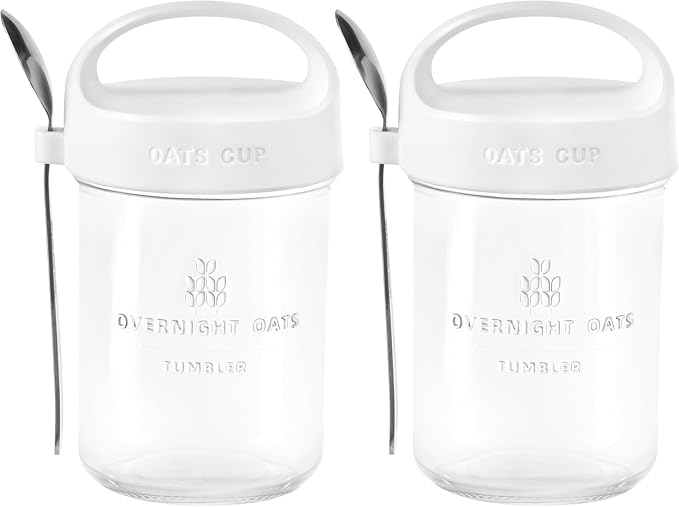 2Pack Overnight Oats Containers with Lids and Handle,14 oz Airtight Oatmeal Container,Mason Jars with Lid for Cereal,Milk,Fruit,Yogurt,On The Go Container,Salad Jars,Glass Jars (White)