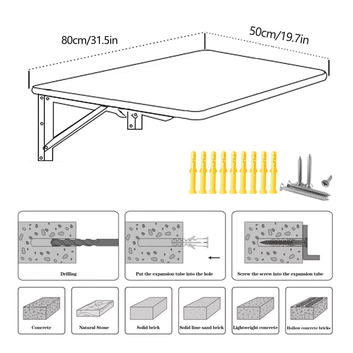 CYGJSYEA Wall Mounted Folding Table,Black Floating Desk for Small Spaces,Stainless Steel Bracket Laundry Folding Table,Wall Folding Desk,Home Bars and Dining Establishments(80X50cm/31.5"×19.7")