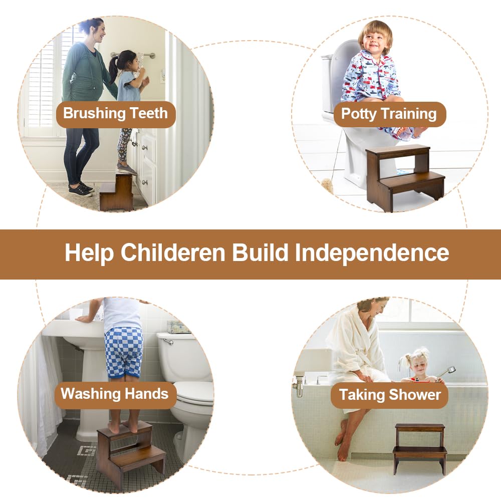 StrongTek Bamboo Two Step Stool for Adults and Kids, Bed Stepstool with Anti-Slip Bottom, Heavy Duty for Kitchen, Bathroom, Bedside Step Stool, Wooden Step Stairs 350 lbs Capacity