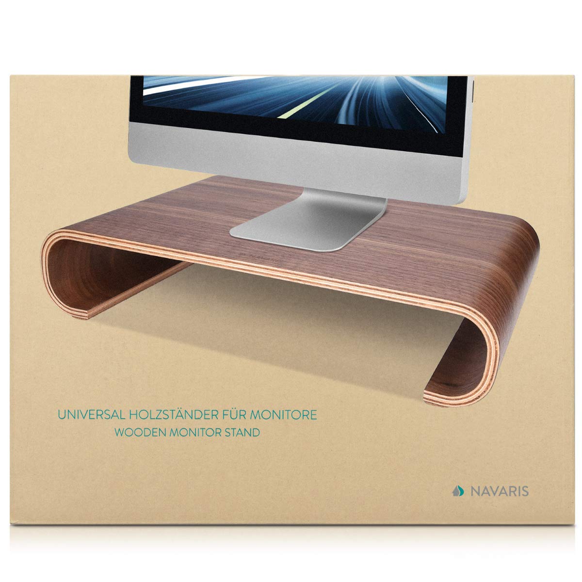 Navaris Wood Monitor Stand Riser - Computer Desk Organizer Desktop Dock Wooden Mount Display for PC TV Screen Notebook Laptop - Bamboo