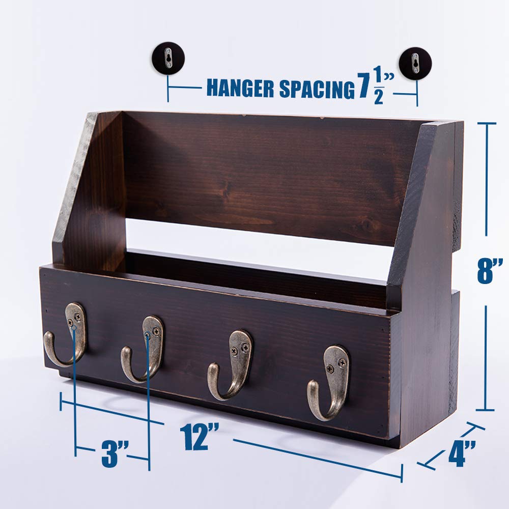 Flintar Wall Mount Key and Mail Holder with 4 Hooks. Made in Taiwan, Solid Wood. Use as Key Rack, Entryway or Mudroom Organizer, Mail & Bill Sorter, Magazine Holder (Walnut)