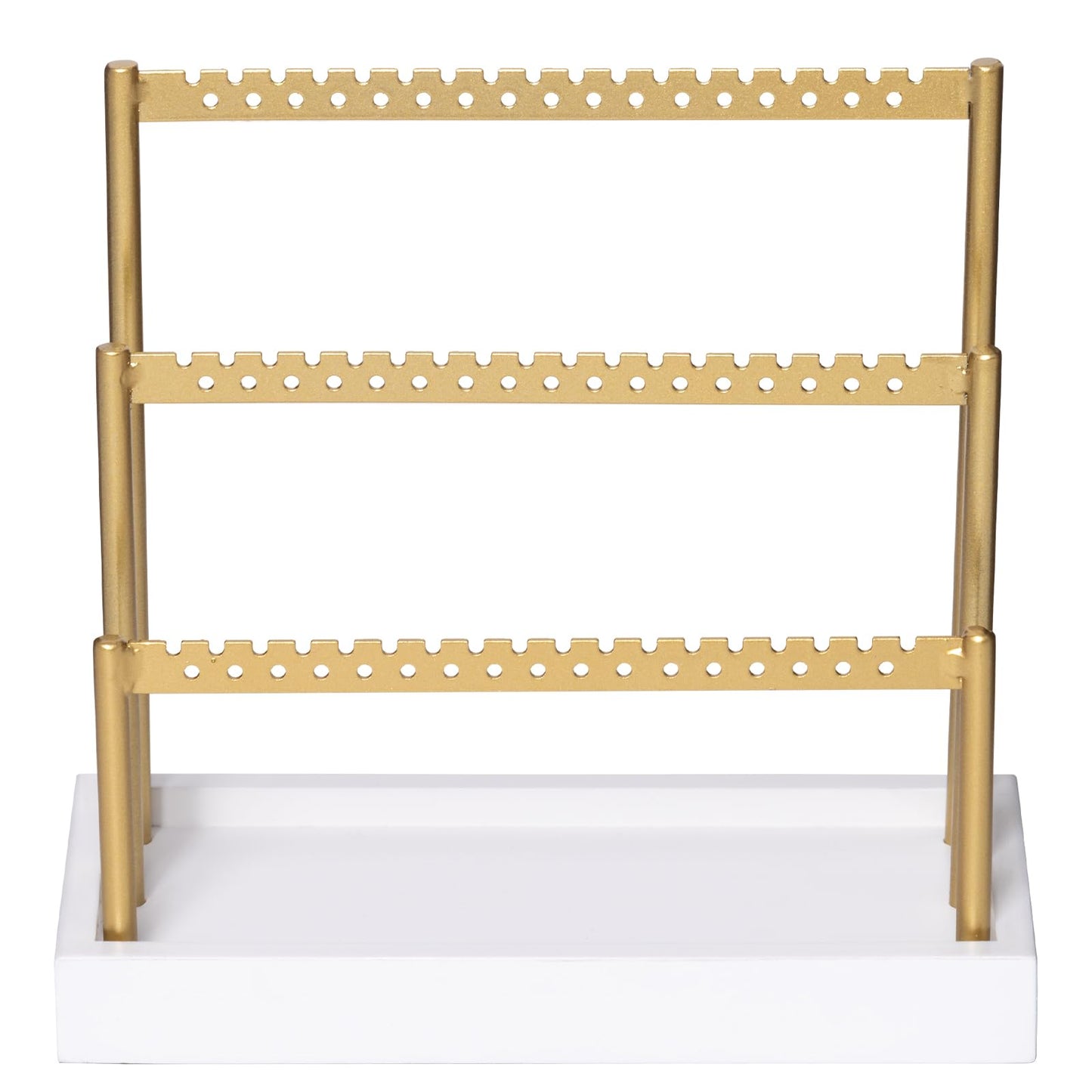 SANY DAYO HOME 3-Tier Earring Holder Organizer Stand, 105 Holes Gold Metal Earring Rack Jewelry Display Tree with White Wood Tray for Women and Girls