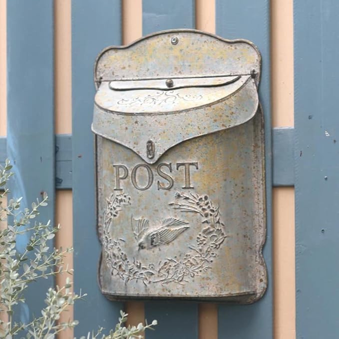 Wall Mount Mailbox for Outside Vintage Mail Boxes for House Outside Metal Door Mailbox Drop Box Antique Style Nostalgic Charm Home Decorative, Bird Pattern, Gray
