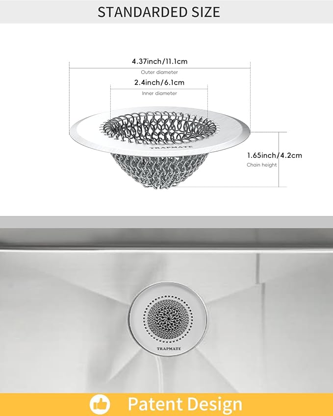 TRAPMATE Kitchen Sink Drain Strainer, Reversible Chain Mesh Sink Strainer