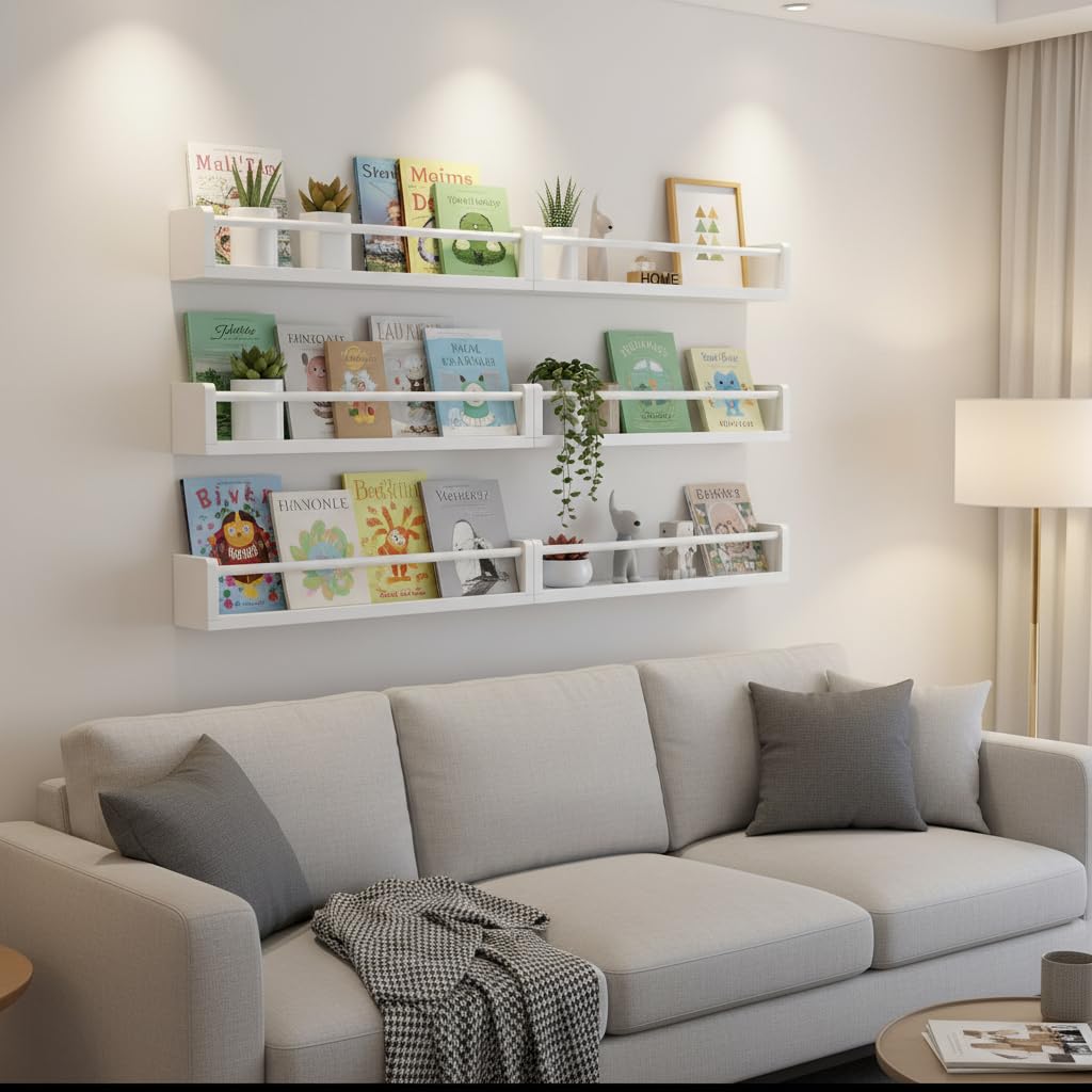 Esonal White Nursery Floating Shelves Set of 3– Wall Mounted Kids Bookshelf & Toy Organizer – 16 Inch Rustic Pine Hanging Display Book Shelves for Bedroom, Playroom, and Baby Decor