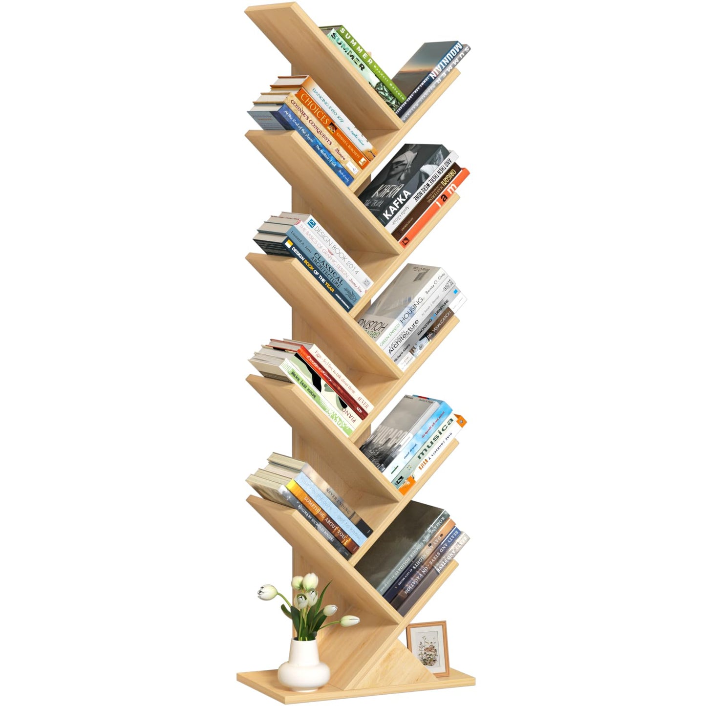 SHEEPAM 10 Tier Tree Book Shelf, Floor Standing Wood Bookshelf for Narrow Space, Storage Organizer Bookshelves for Books/CDs/Magazine, Bookcase with Shelves for Home Office, Living Room - Natural